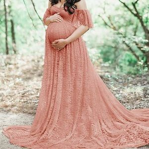 Maternity Lace Off-Shoulder Maxi Dress in Pink for photoshoots